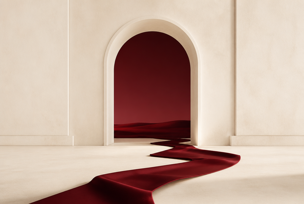Ivory arch opening onto a burgundy horizon
