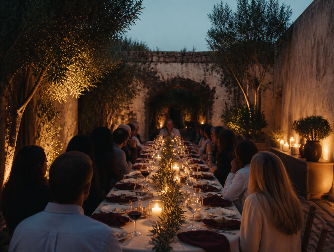 Intimate archer dinner in a secluded courtyard