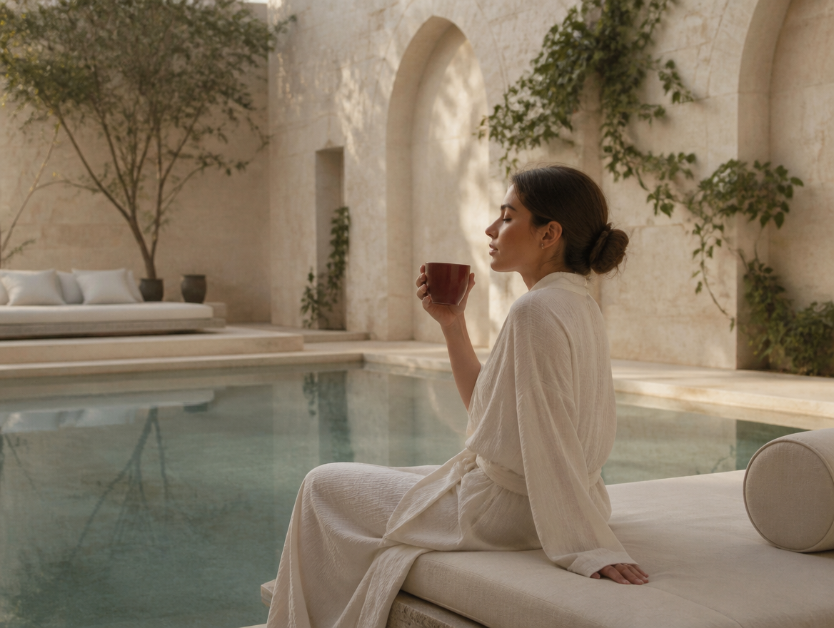 Quiet stone wellness courtyard